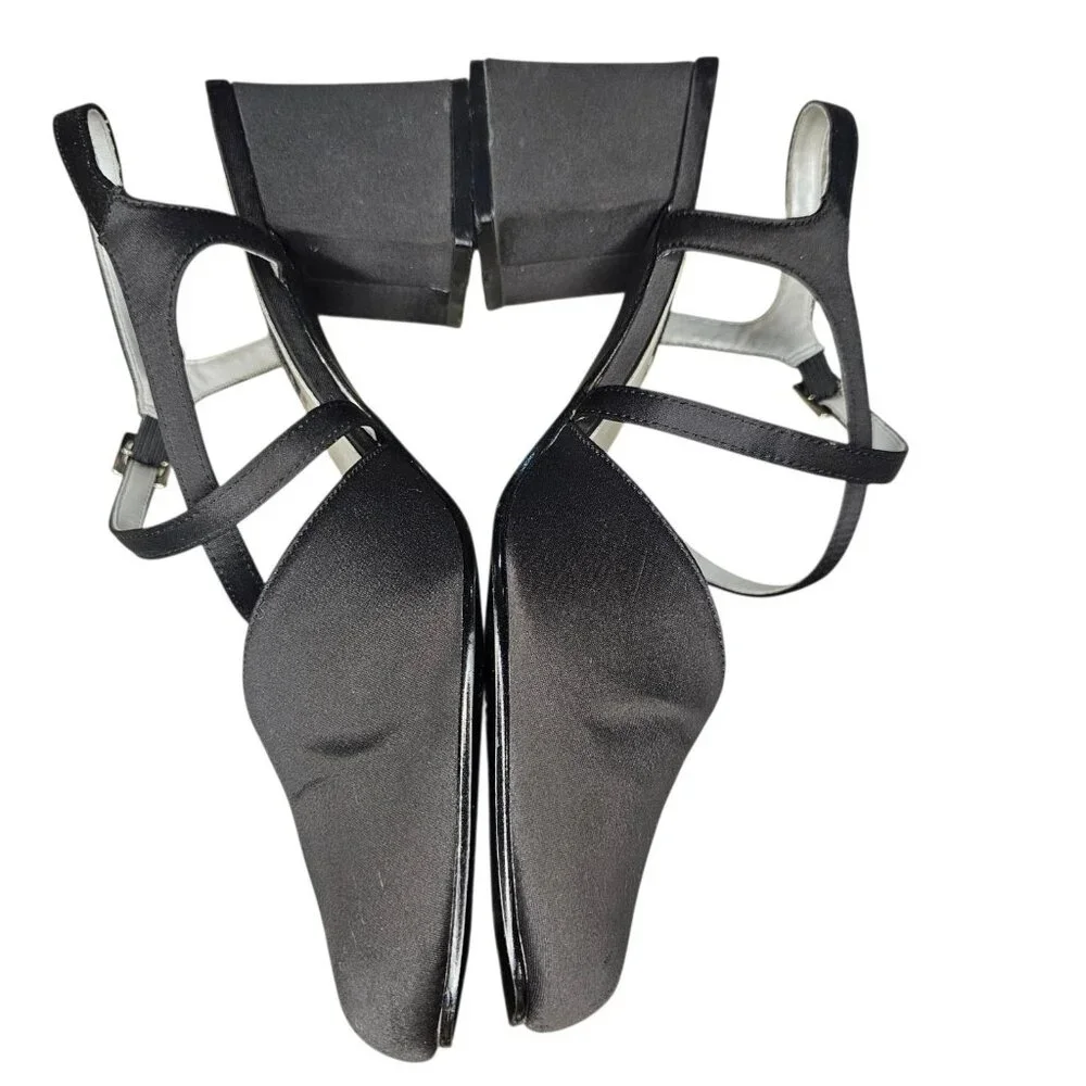 90s Y2K Chunky Heel Square Toe Strappy Mule Black‎ Satin Business Sz 9 2.5